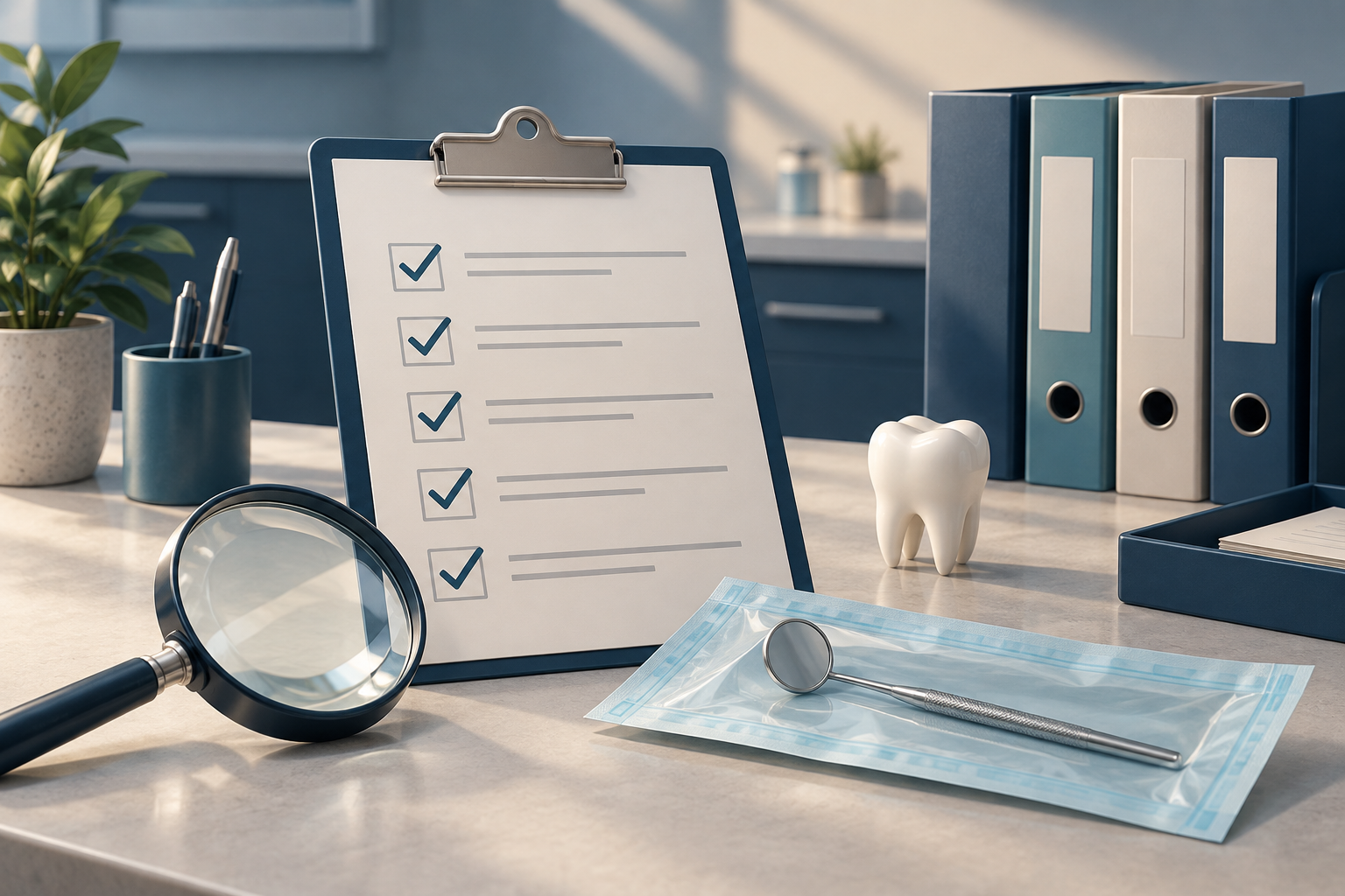 Ilustração conceitual de checklist, lupa, espelho odontológico, modelo de dente e pastas organizadas.