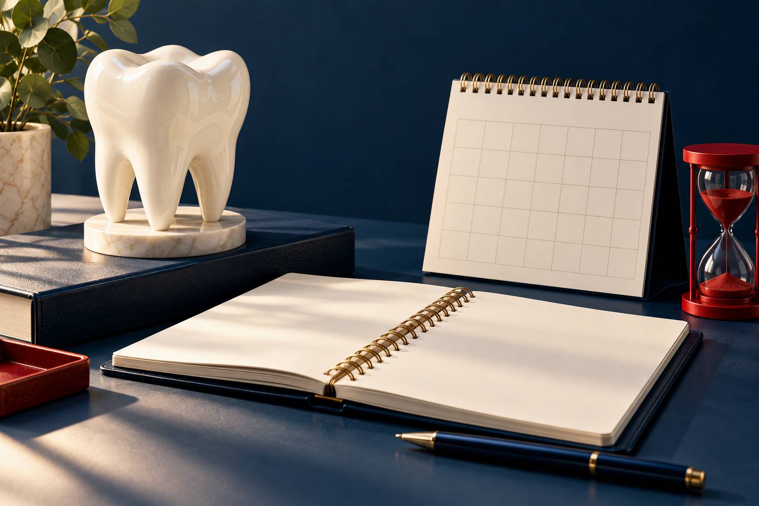 Ilustração conceitual de modelo de dente, caderno, caneta e calendário, alusiva à inscrição profissional.