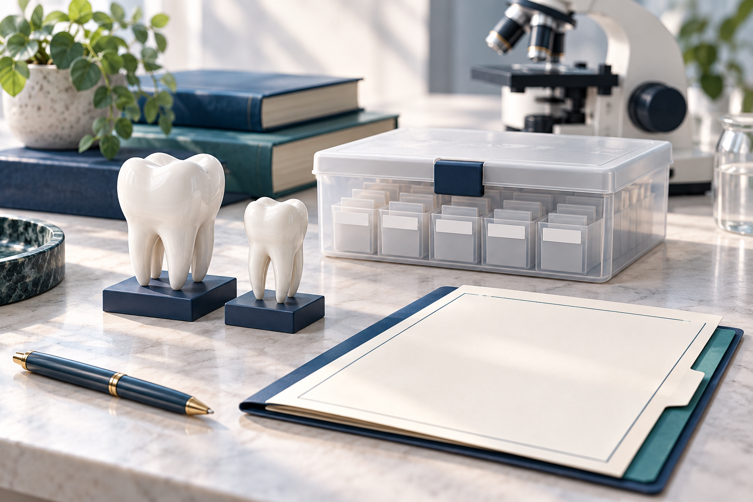 Ilustração de modelos didáticos de dentes, caixa organizadora de laboratório, pasta sem dados e microscópio.