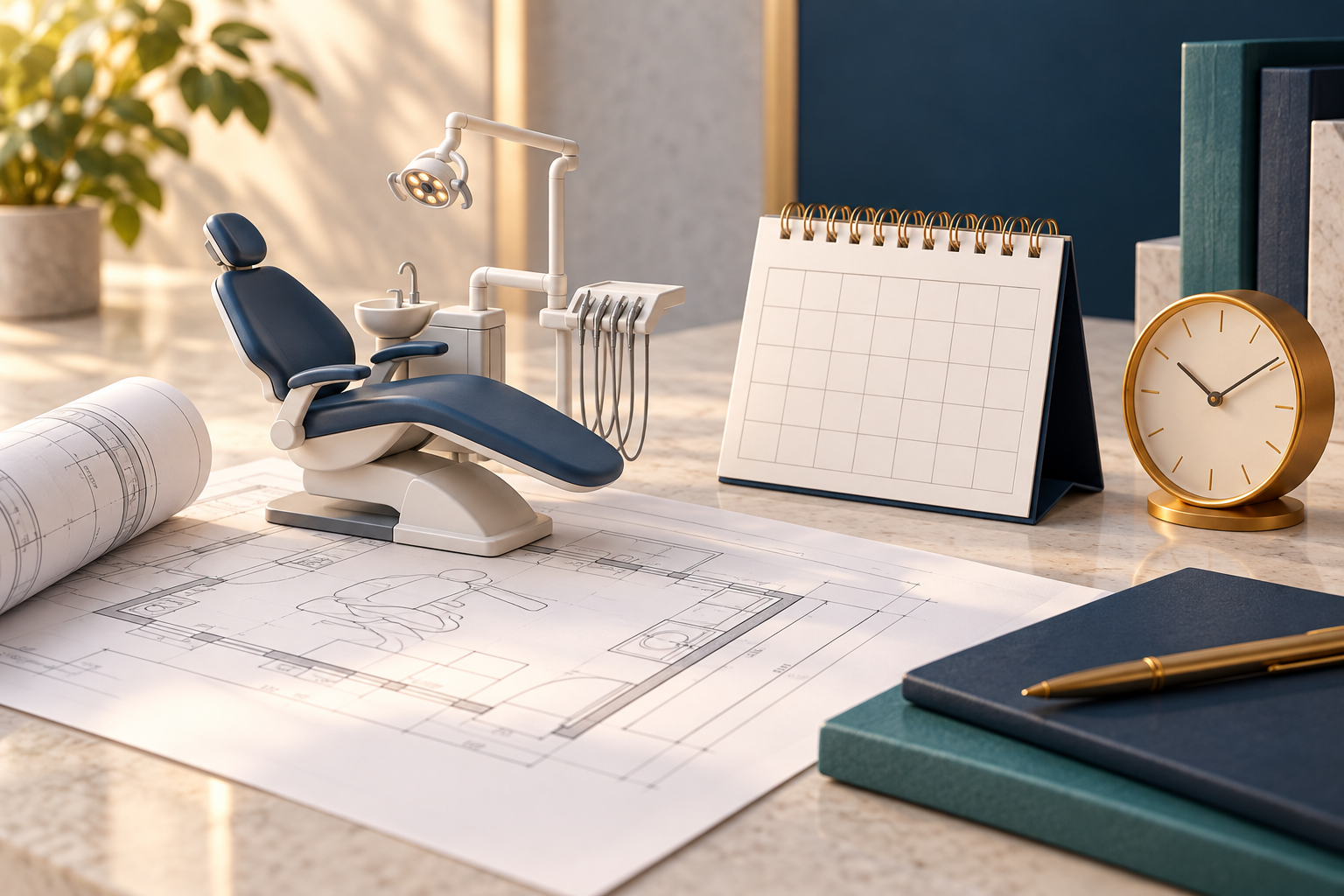 Ilustração conceitual de miniatura de cadeira odontológica sobre projeto, ao lado de calendário sem datas e relógio.