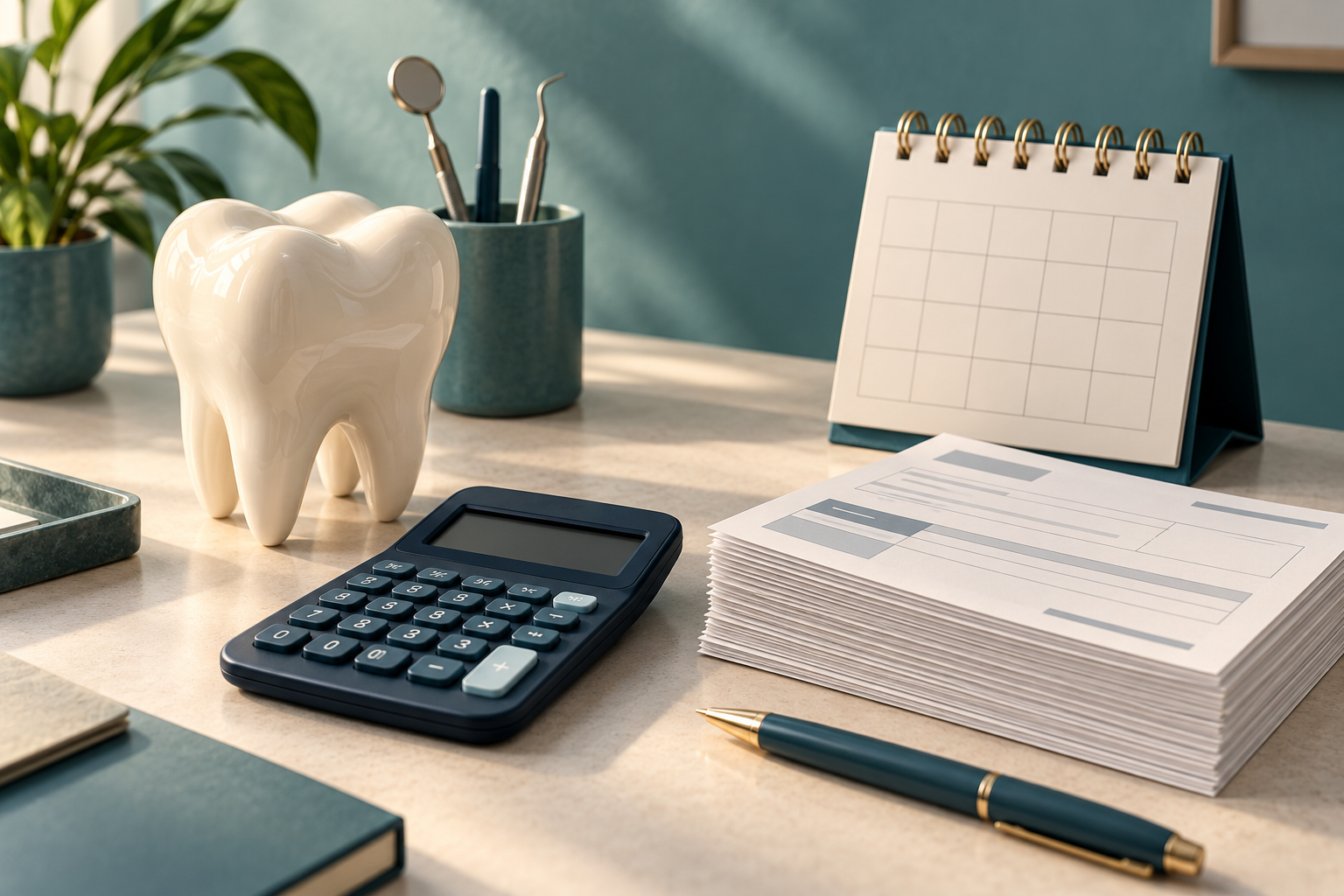 Ilustração de modelo de dente, calculadora, papéis sem dados e calendário, alusiva à organização financeira.