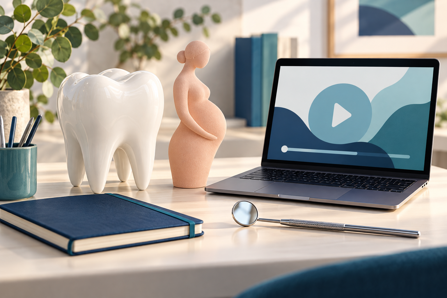 Ilustração de modelo de dente, escultura abstrata de gestante e notebook com símbolo de vídeo.