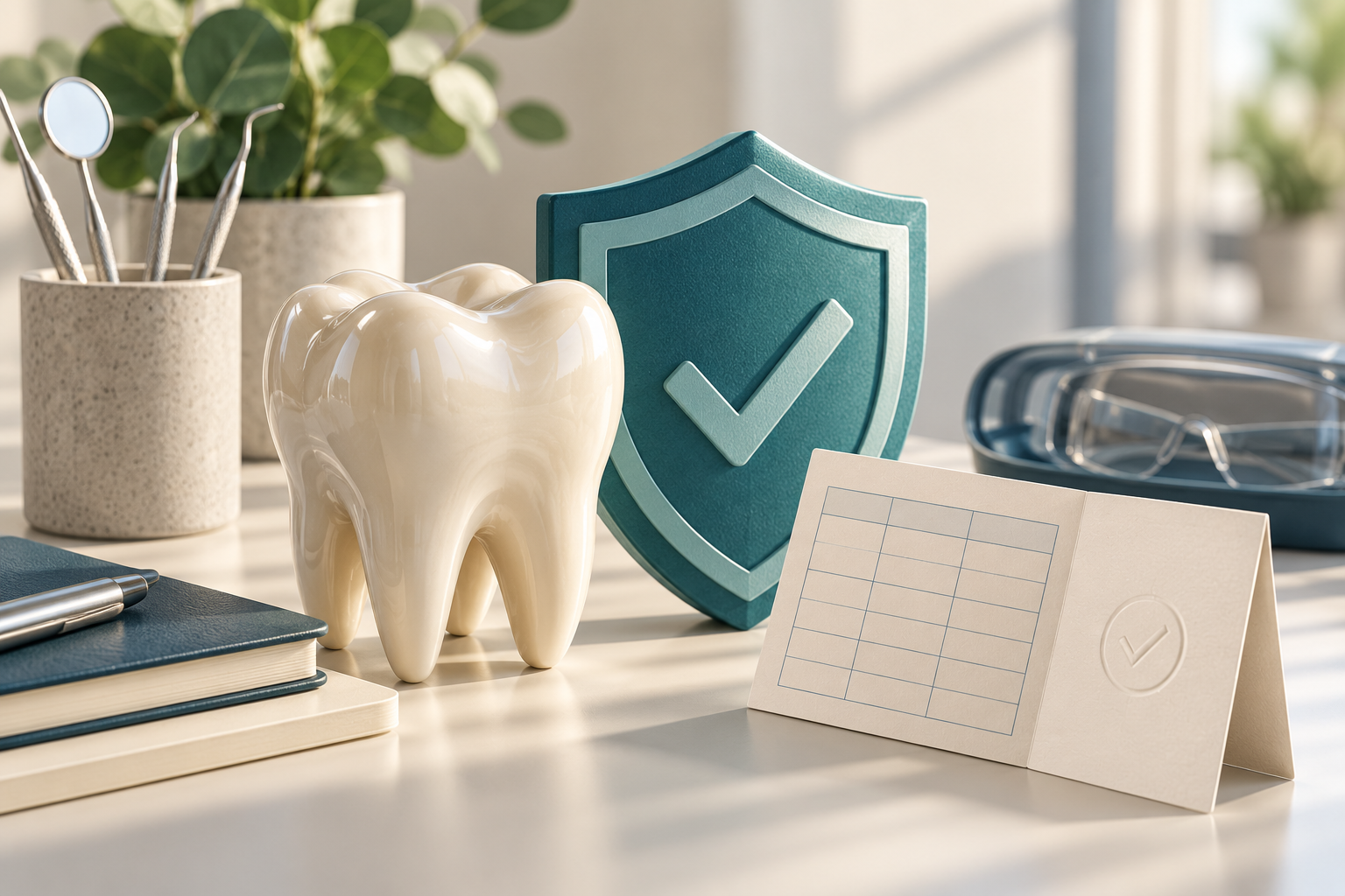 Ilustração conceitual de modelo de dente, escudo e caderneta sem dados, alusiva à vacinação da equipe odontológica.