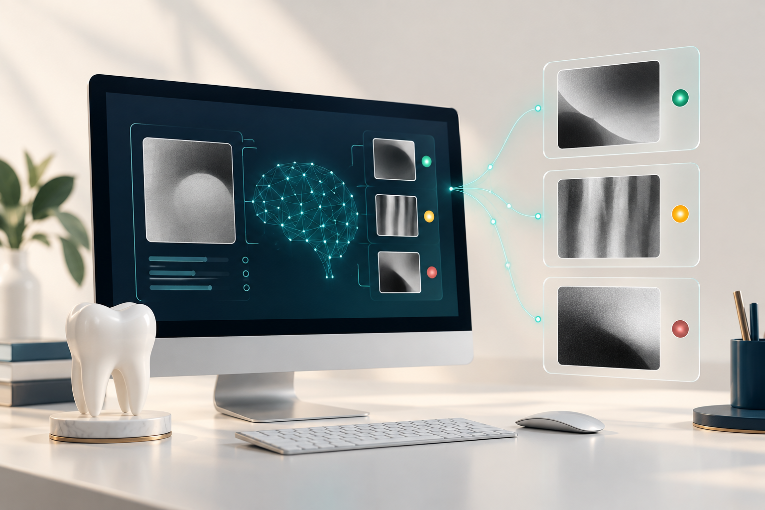 Ilustração conceitual de monitor, modelo de dente e três cartões abstratos com indicadores de qualidade.