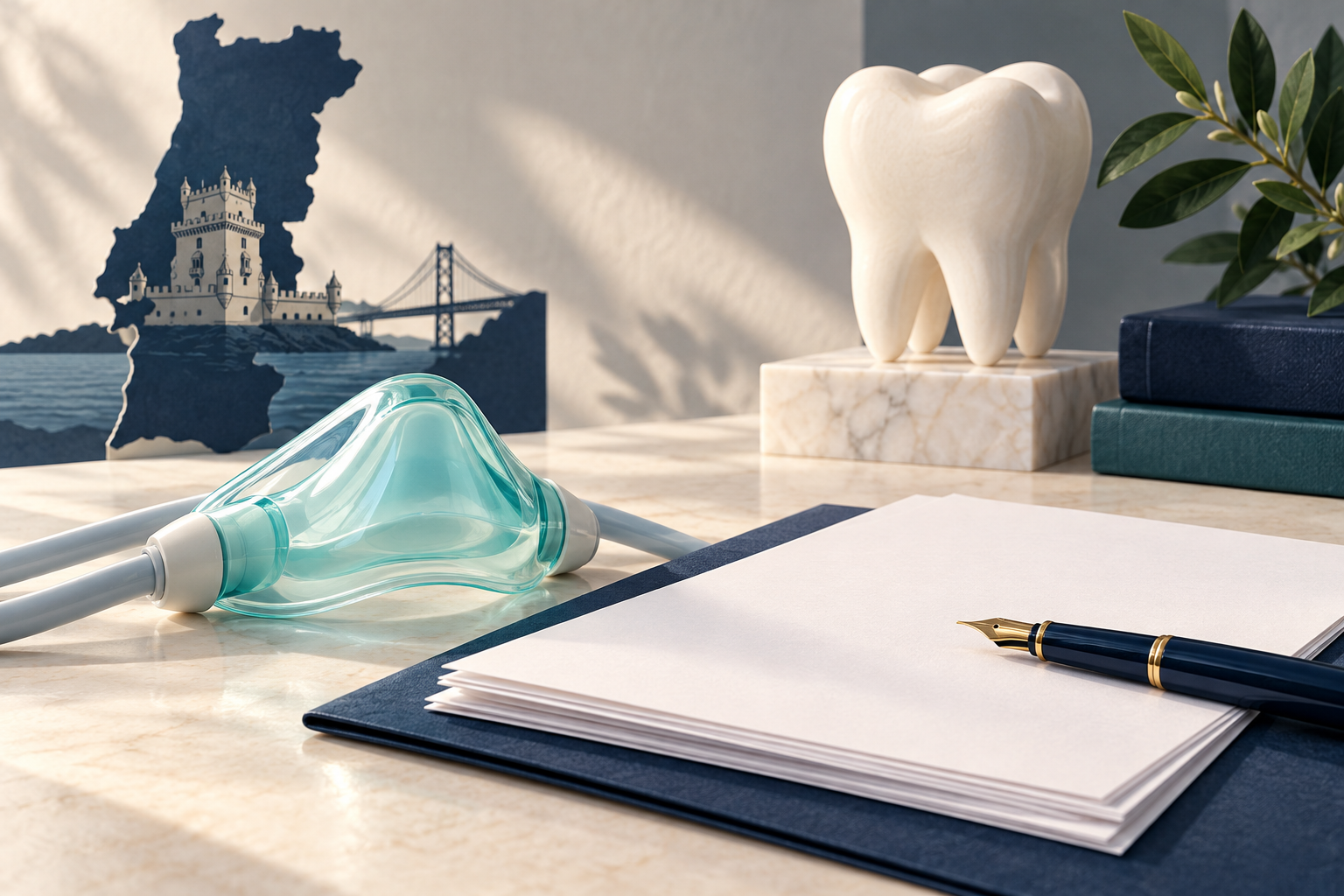 Ilustração conceitual de máscara inalatória, documentos e caneta, com um dente e representação de Portugal ao fundo.