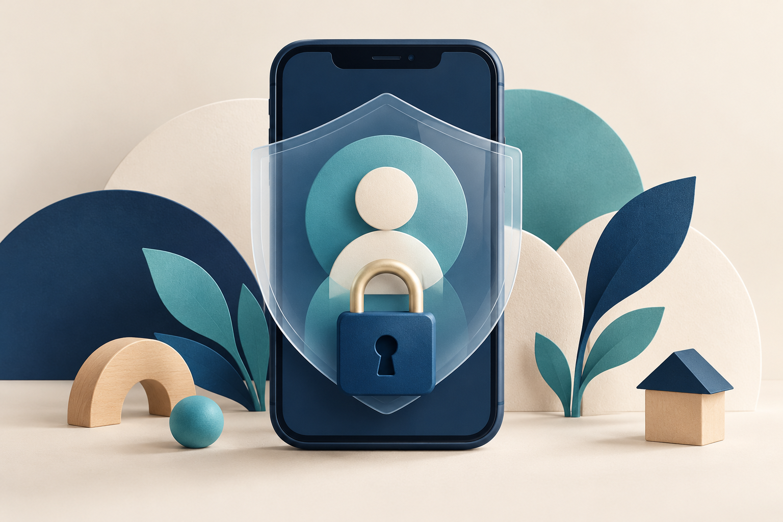 Ilustração simbólica de um celular com avatar anônimo protegido por escudo e cadeado.