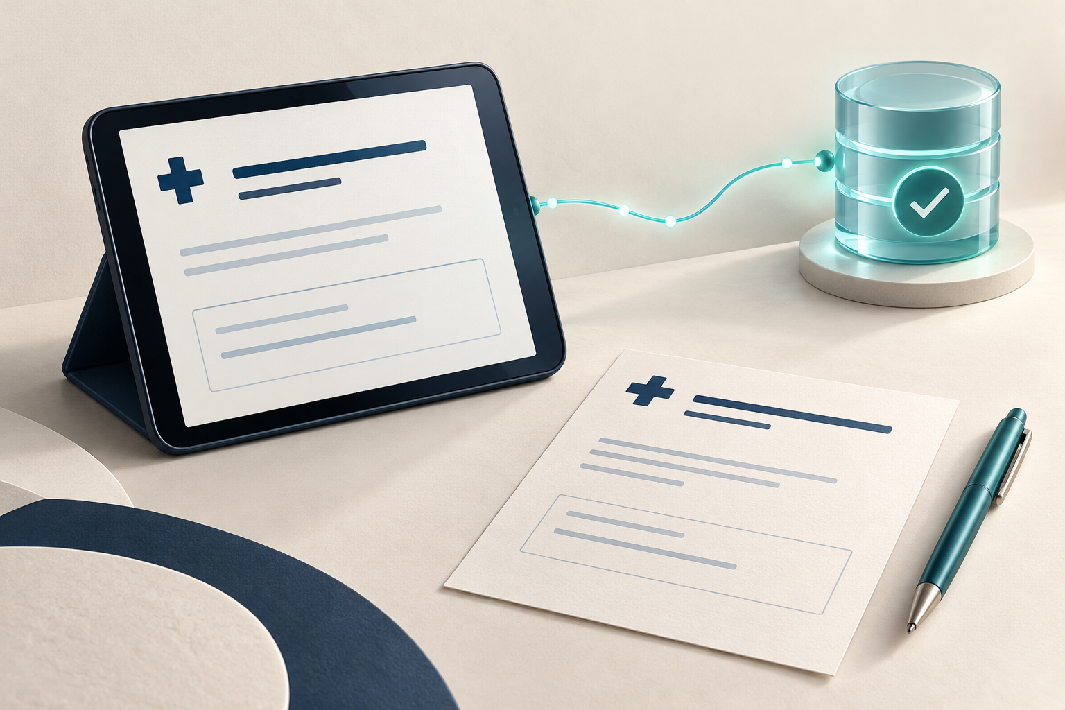 Ilustração conceitual de receita digital em tablet ligada a uma base de dados, ao lado de papel e caneta.