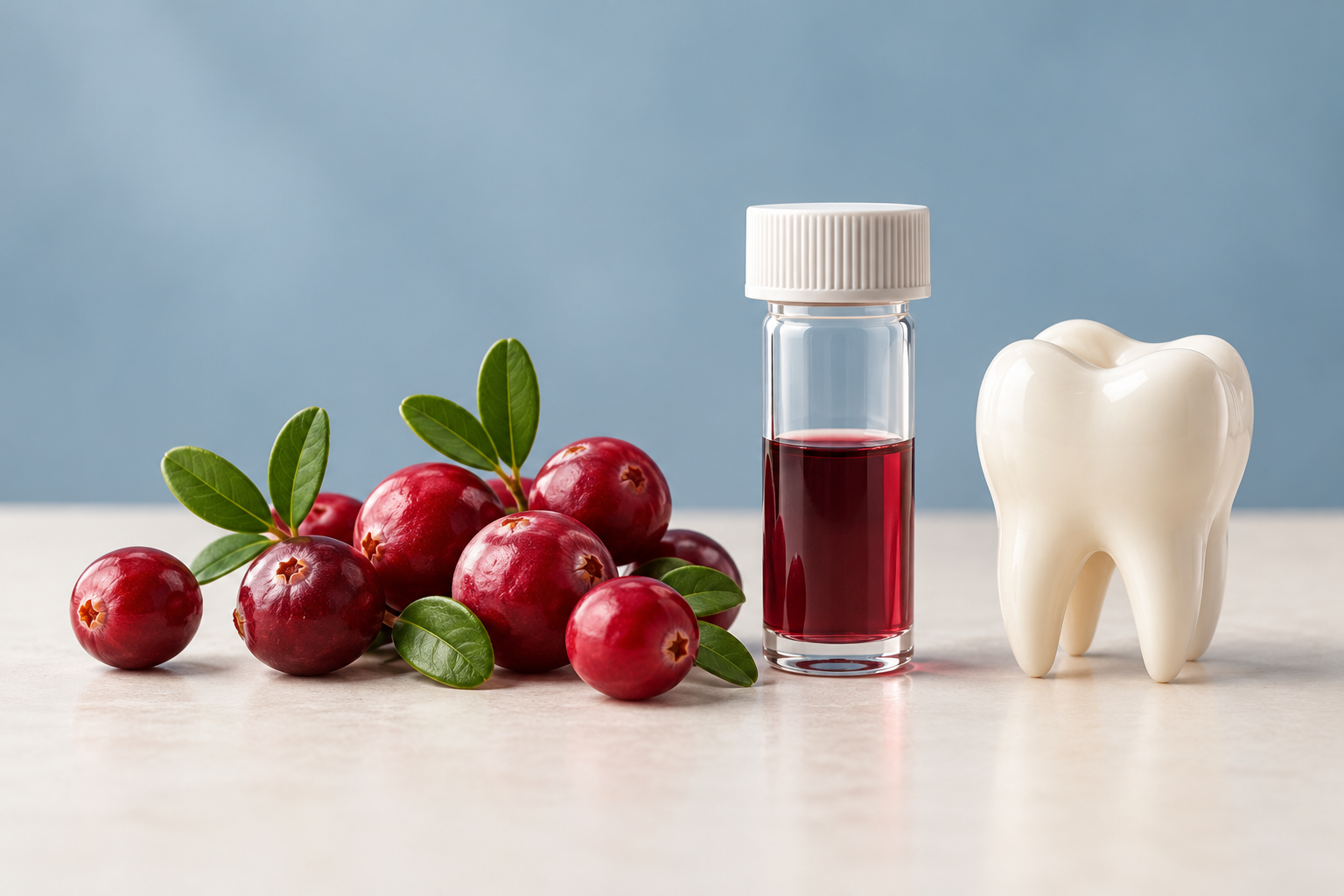 Ilustração conceitual de cranberries, frasco de amostra e modelo de dente, alusiva à pesquisa sobre placa bacteriana.